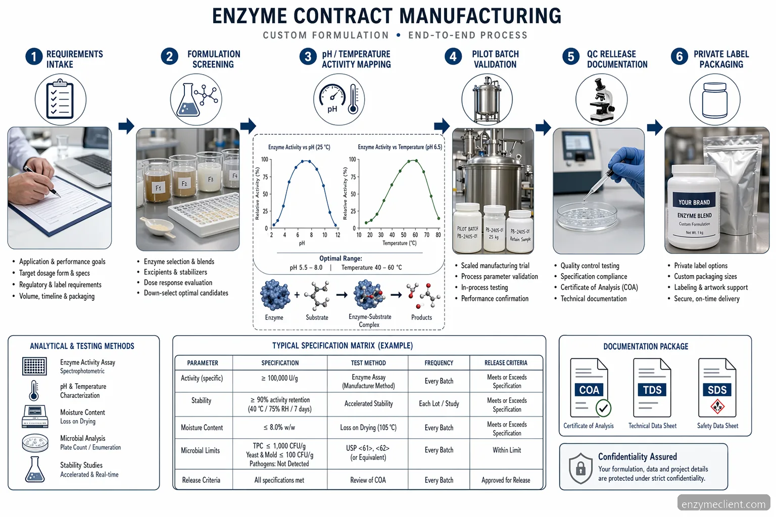 enzyme contract manufacturing for custom formulation workflow from requirements through pilot validation and release QC