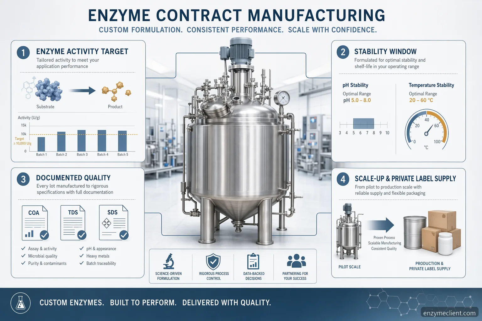 enzyme contract manufacturing for custom formulation guide with activity, stability, QC, scale-up, and packaging icons