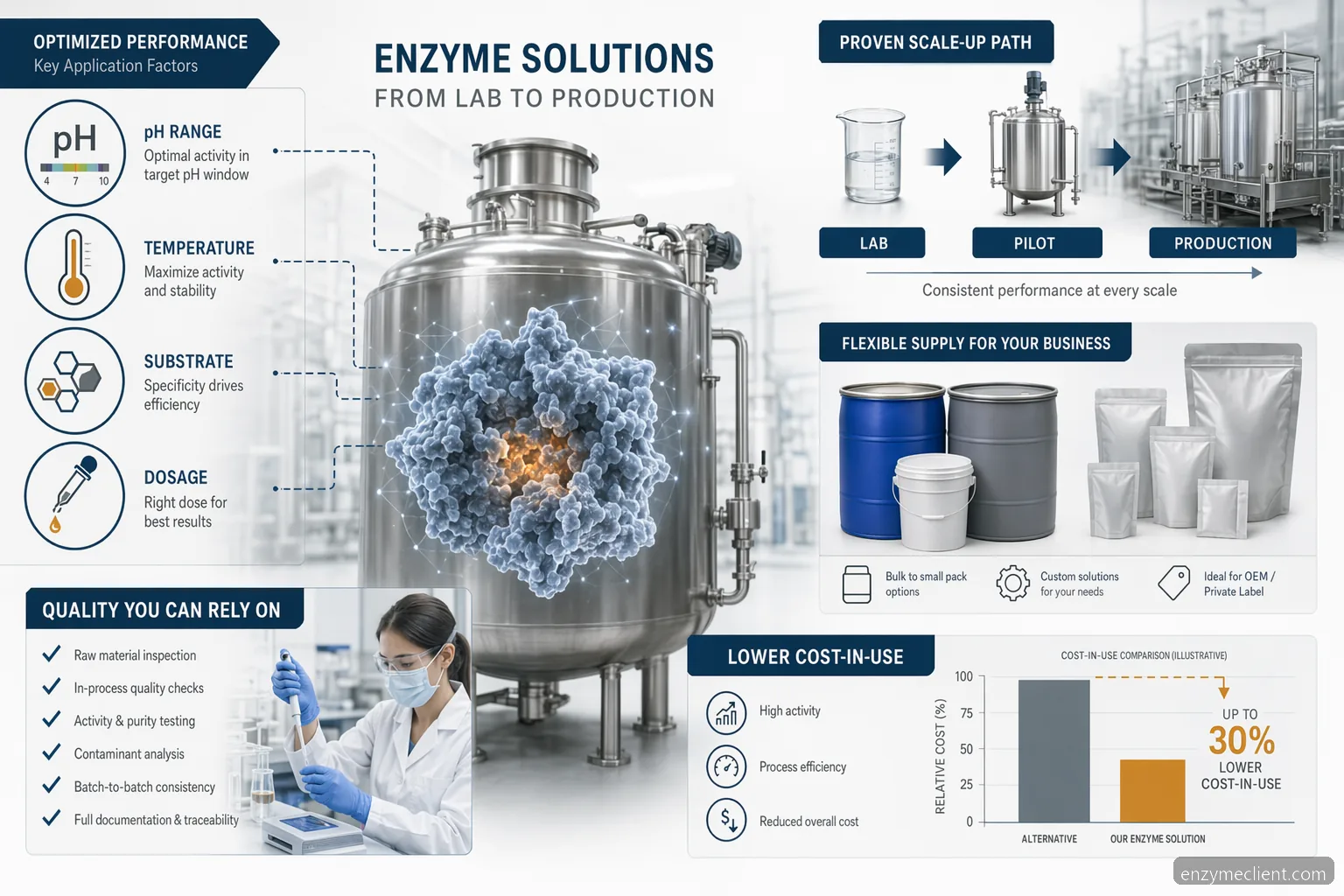 custom enzyme formulation faqs supplier guide: procurement, R&D, pilot scale-up, QC, and cost-in-use icons
