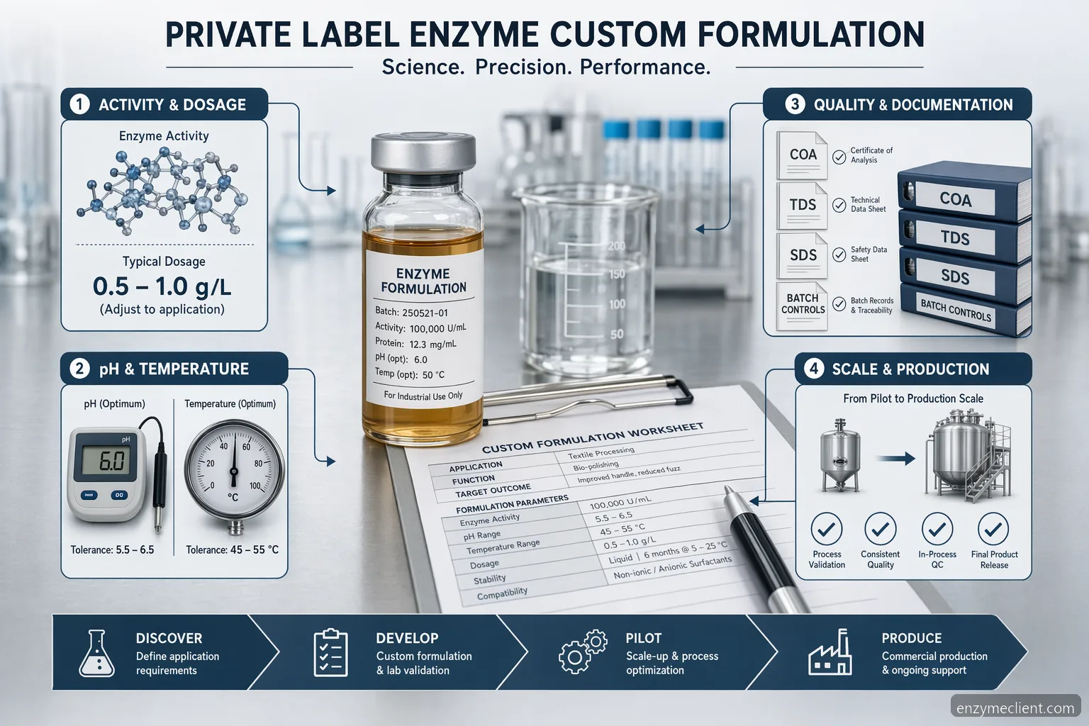 private label enzymes supplier for custom formulation guide showing dosage, pH, documentation, and pilot scale-up checks